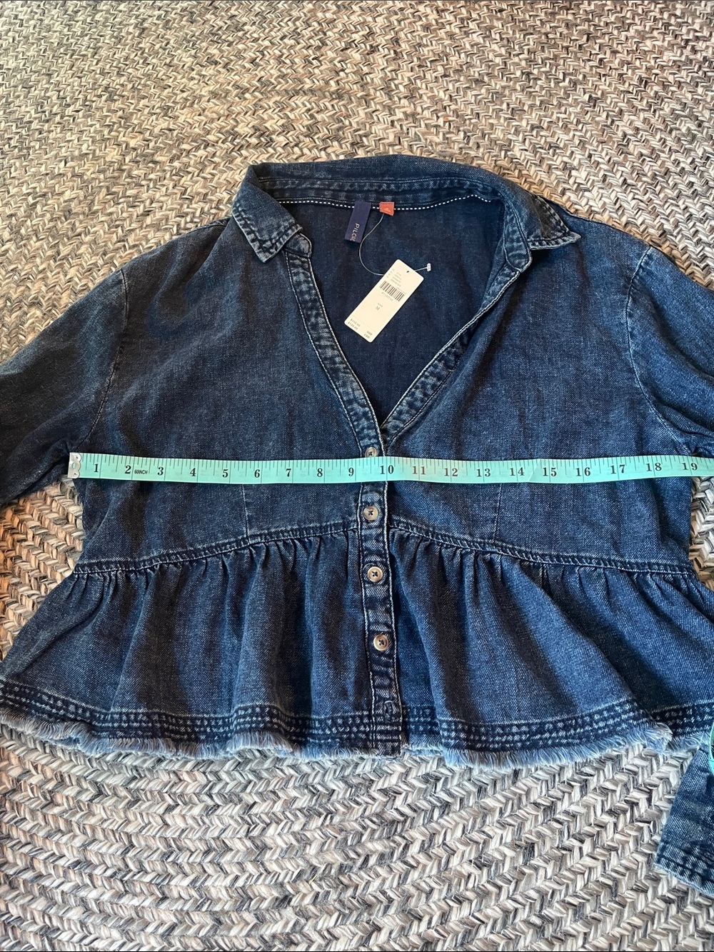 Anthropologie Dark Blue Denim Peplum Button-Down Shirt - Picture 6 of 7